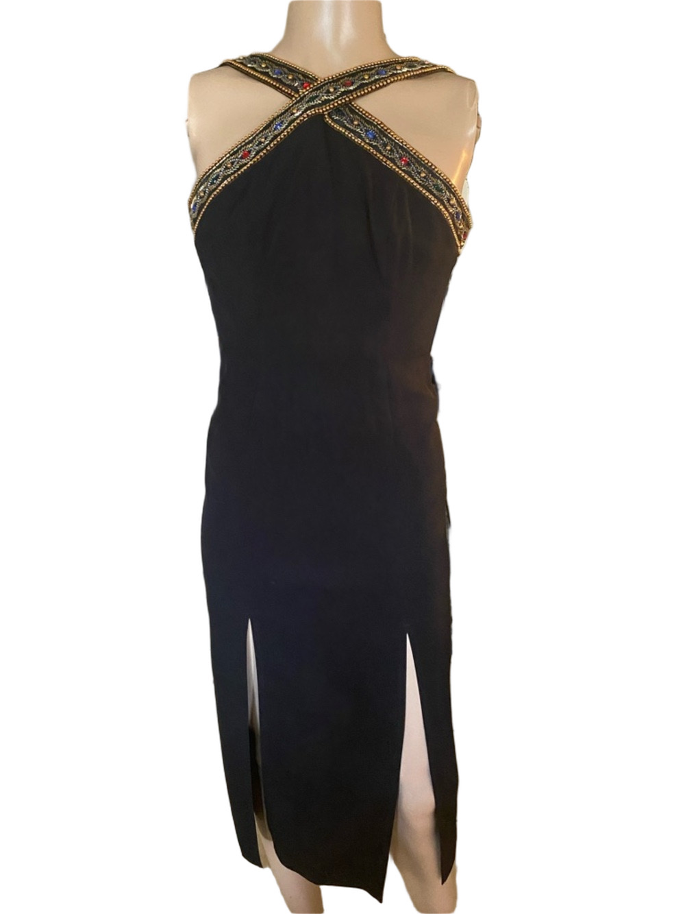 A.J Bari vintage Black Cross-Neck Embellished Midi Dress